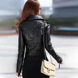 Women's Sweet Black Notched Solid PU Jacket-Coat