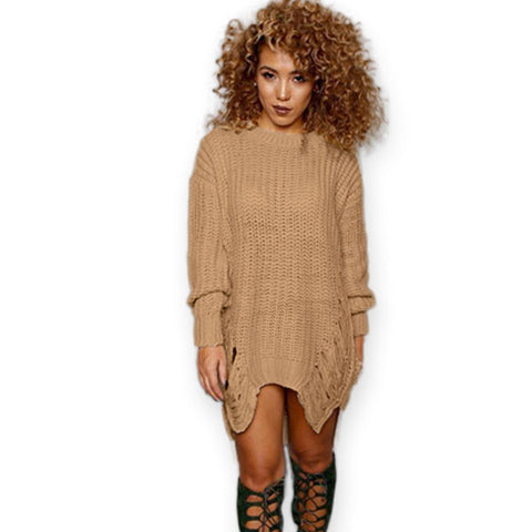 Women's Simple Khaki O-Neck Solid Sweater