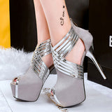 Women's Sexy Grey+Silver Strapped Open Toe Suede Platform Pumps