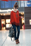 Women's Cute Orange V-Neck Patchwork Woolen Poncho-Sweater