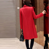 Women's New Red Notched Solid Woolen Coat