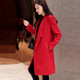 Women's New Red Notched Solid Woolen Coat
