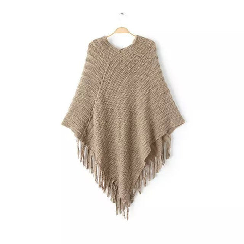Women's Stylish Beige V-Neck Solid Worsted Poncho-Sweater