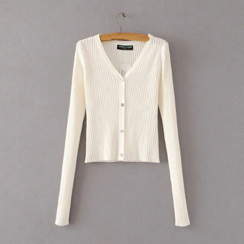 Women's Cute White V-Neck Solid Cardigan Sweater
