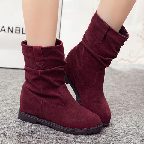 Casual Dark Merune Solid Flock Boots