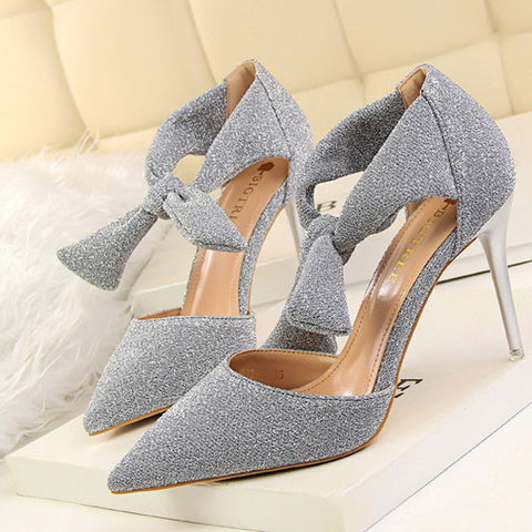 Cute Light Grey Solid Sequined Cloth Pumps