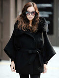 Women's Casual Black Turn-down Collar Solid Woolen Coat