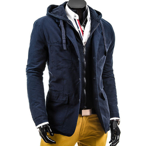 Men's Simple Hooded Navy Jacket-Coat
